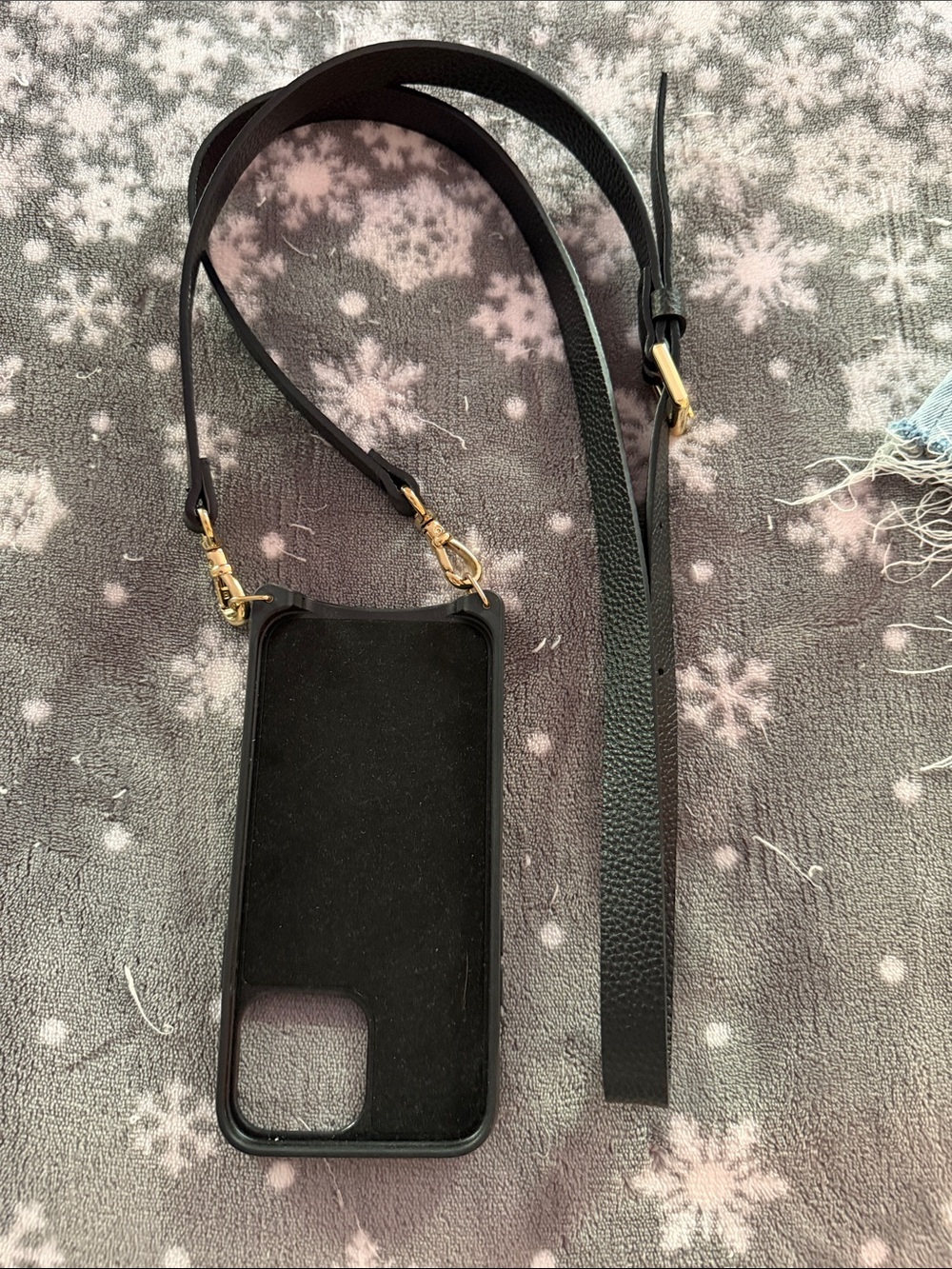 Bandolier Black Leather Crossbody Phone Case with Gold Hardware